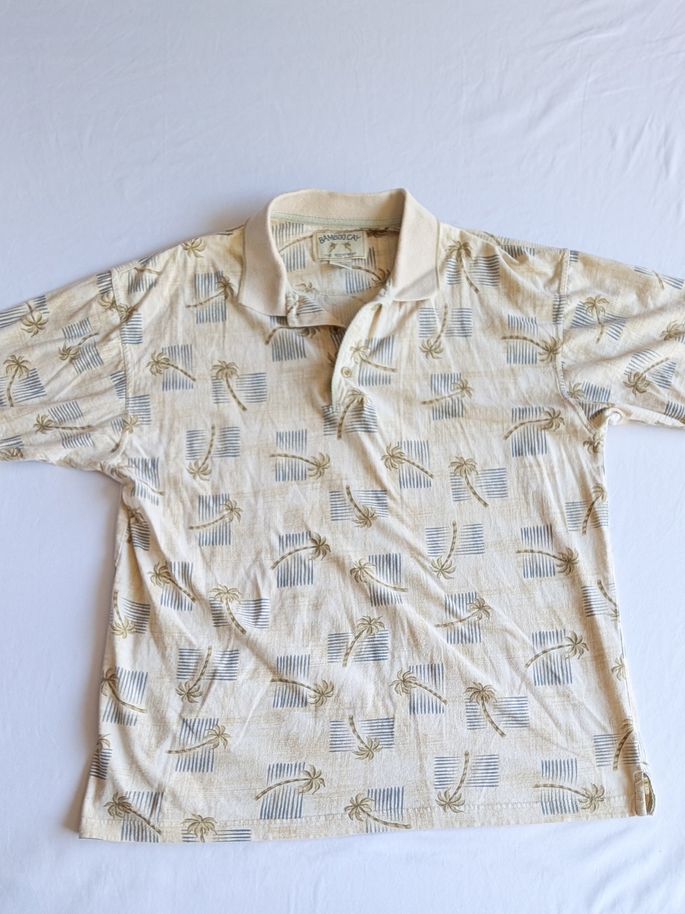 Bamboo Cay Tropical Palm Tree Polo Shirt Mens White Resort Hawaiian Golf Med